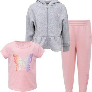 NWT Skechers 3-Piece Set 2T Zip-up Hoodie & Fleece Jogger Pants & Tee Pink Gray